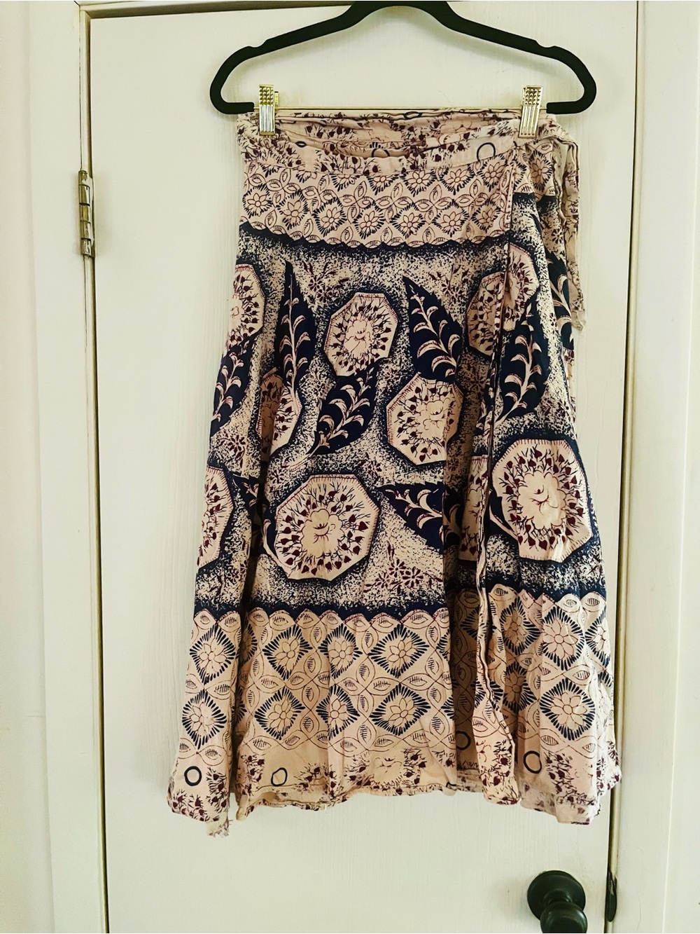 VTG 70s Cotton Block Print India Festival Hippie Bohemian Peasant Wrap Skirt